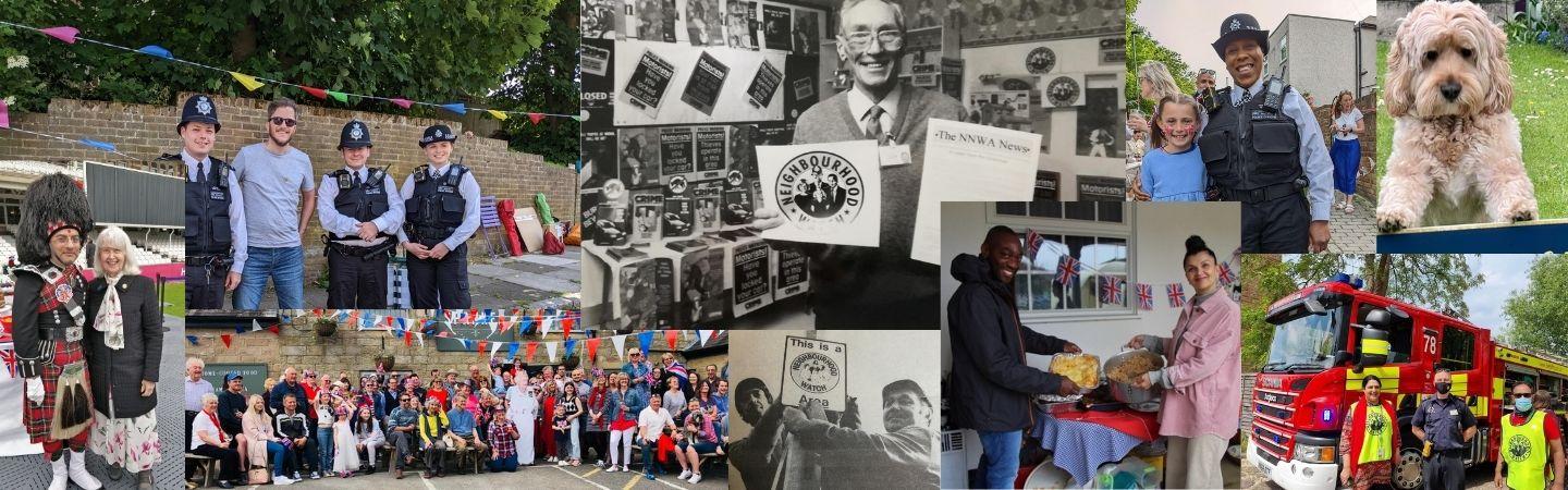 Image shows a host of pictures from Neighbourhood Watch week over the last 40 years. Lots of community events.