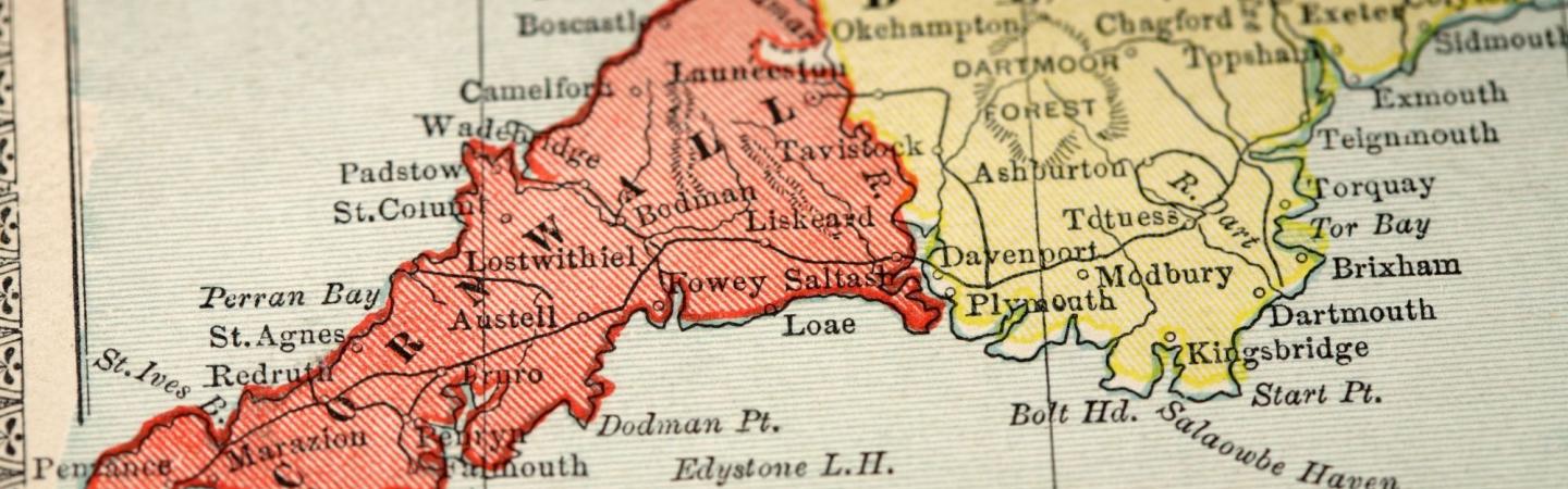 Image shows an old map of Devon and Cornwall