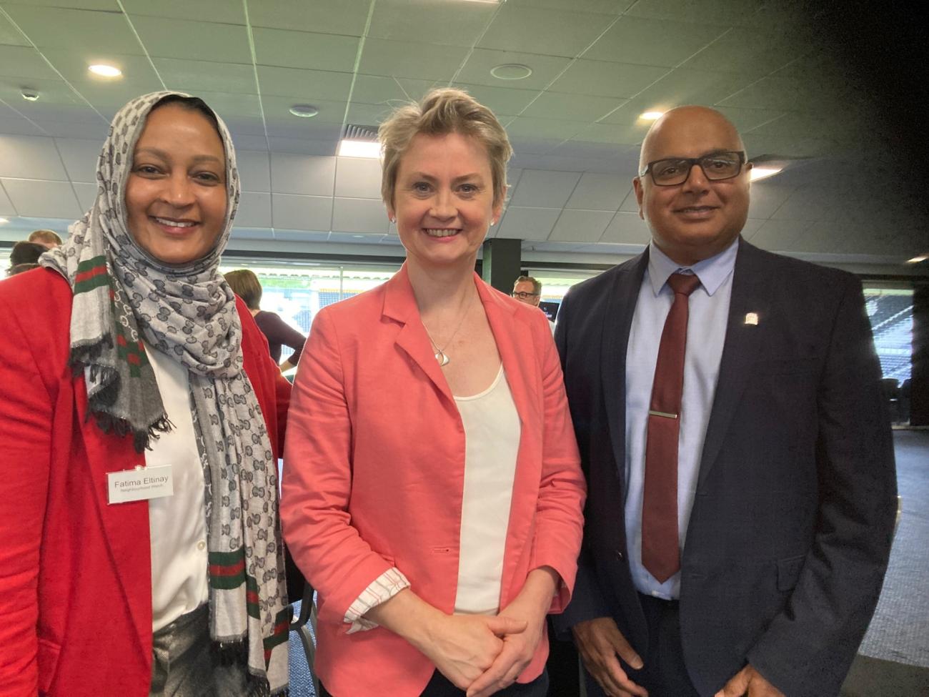 Image shows Chair of Derbyshire NW Fatima Eltinay, Home Secretary Yvette Cooper and Baggy Shanker MP