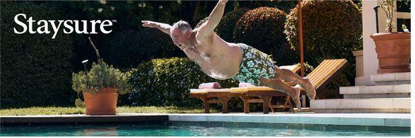 Image shows Staysure logo and man diving into a swimming pool. 