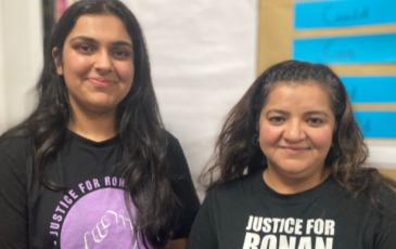 Image shows Ronan Pooja's mother and sister, they wear 'justice for Ronan' t-shirts