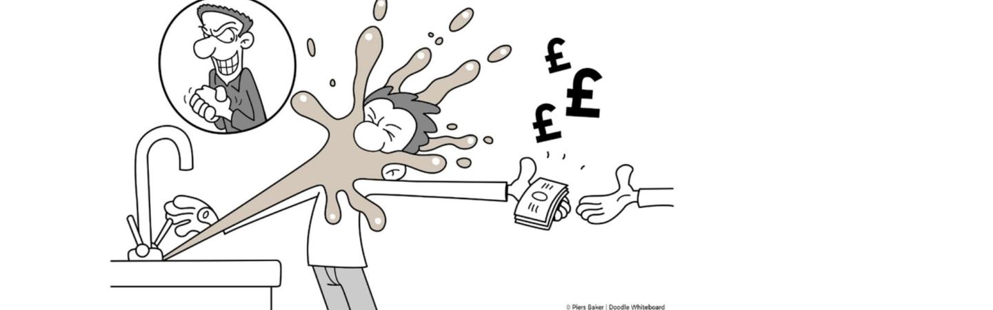 Image shows a man being splashed by water from his tap. He's handing money to a rogue trader. 