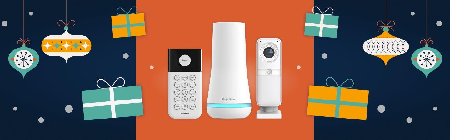 Image shows SimpliSafe products surrounded by baubles 