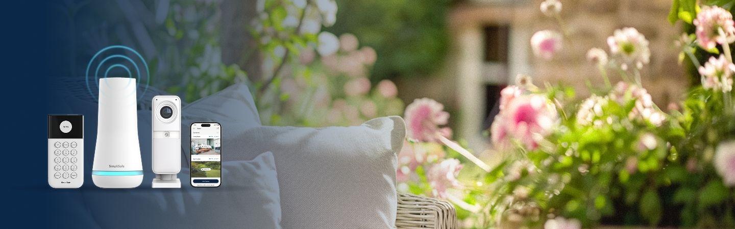 Image shows SimpliSafe logo and spring garden