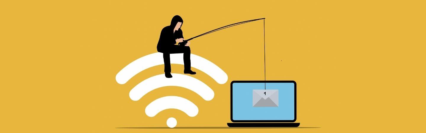 Image shows a graphic of a person sitting on a WiFi signal fishing emails.